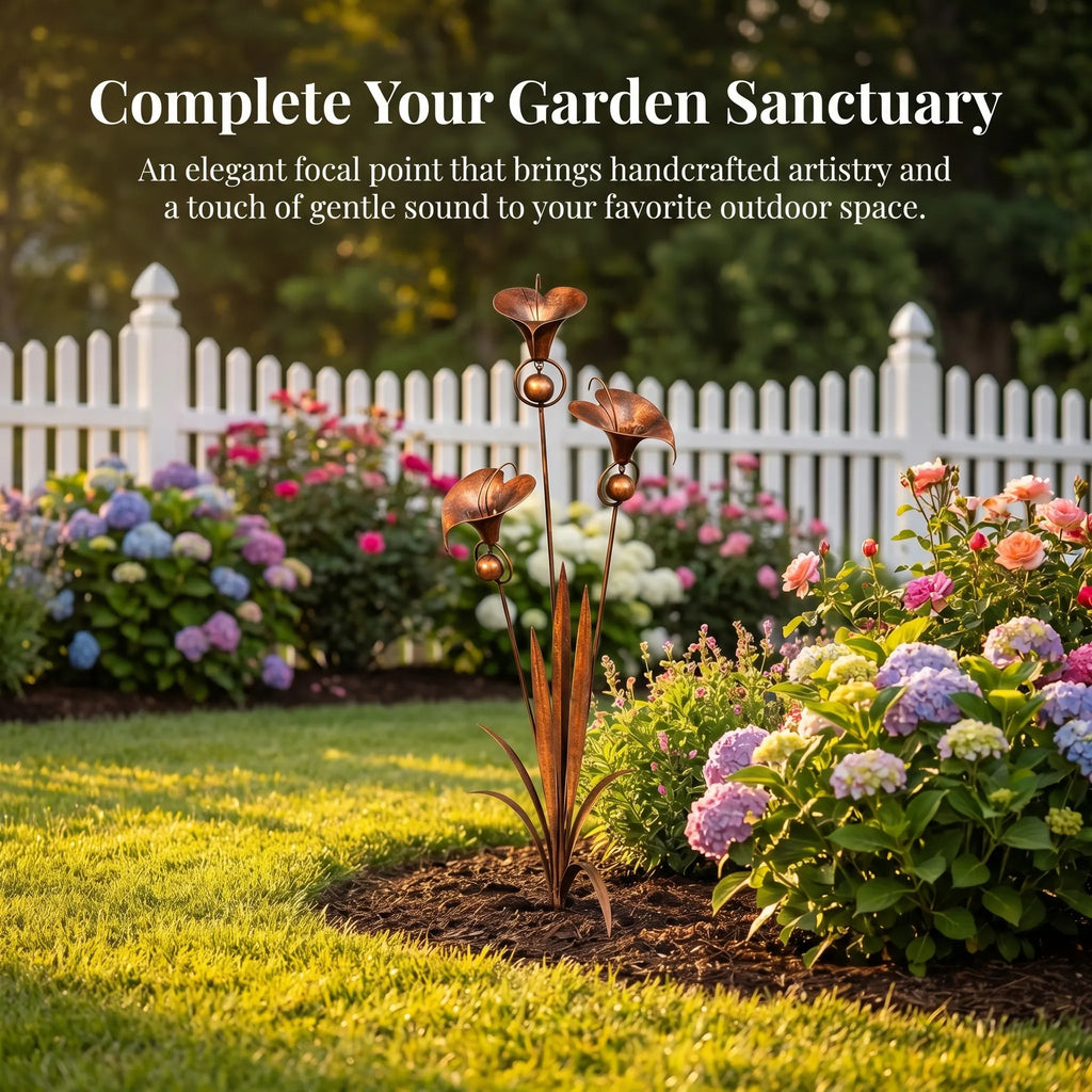 Flamed Copper Three Calla Lilies Garden Stake with Bells. 28 Handcrafted Outdoor Yard Art