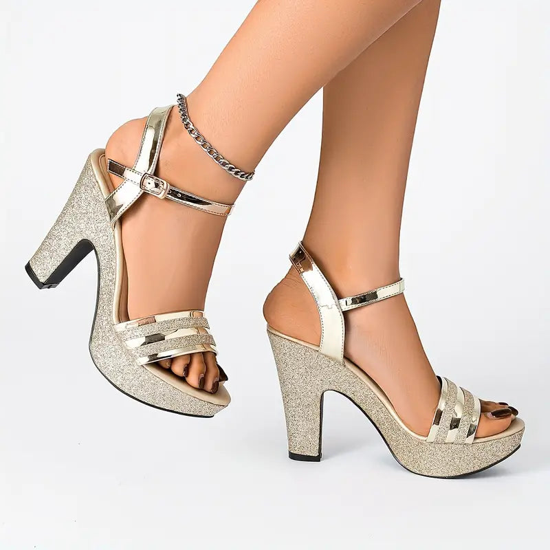 Elegant Women'S Chunky Heeled Sandals in Metallic Color, Featuring a Round Toe And Hollow Design, Perfect for Parties And Weddings., Women Shoes