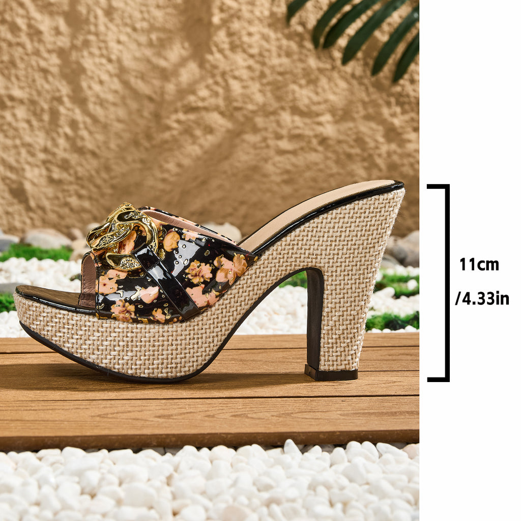 Elegant Women's Summer Slip-On Platform Heeled Sandals, Fashion Print Metal Buckle High Heels for Banquet Evening Dresses, Women Shoes