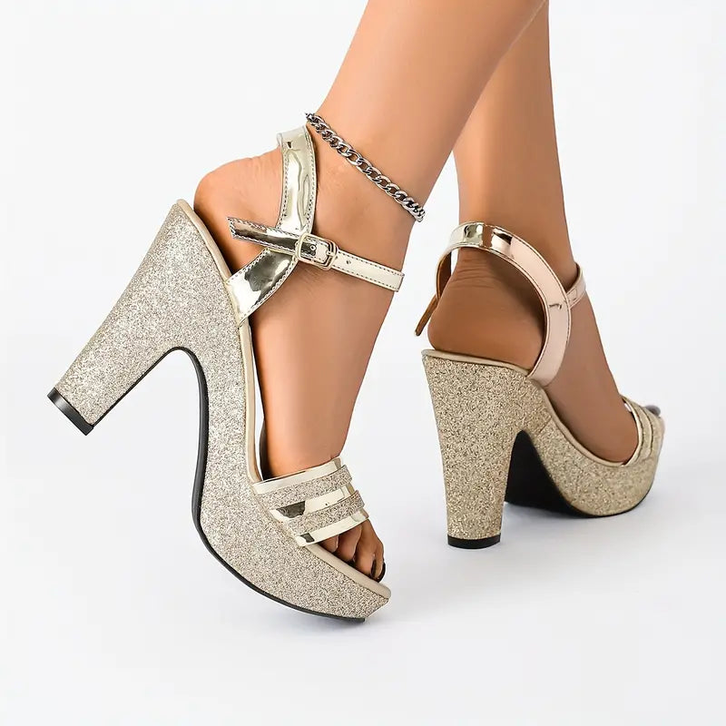 Elegant Women'S Chunky Heeled Sandals in Metallic Color, Featuring a Round Toe And Hollow Design, Perfect for Parties And Weddings., Women Shoes