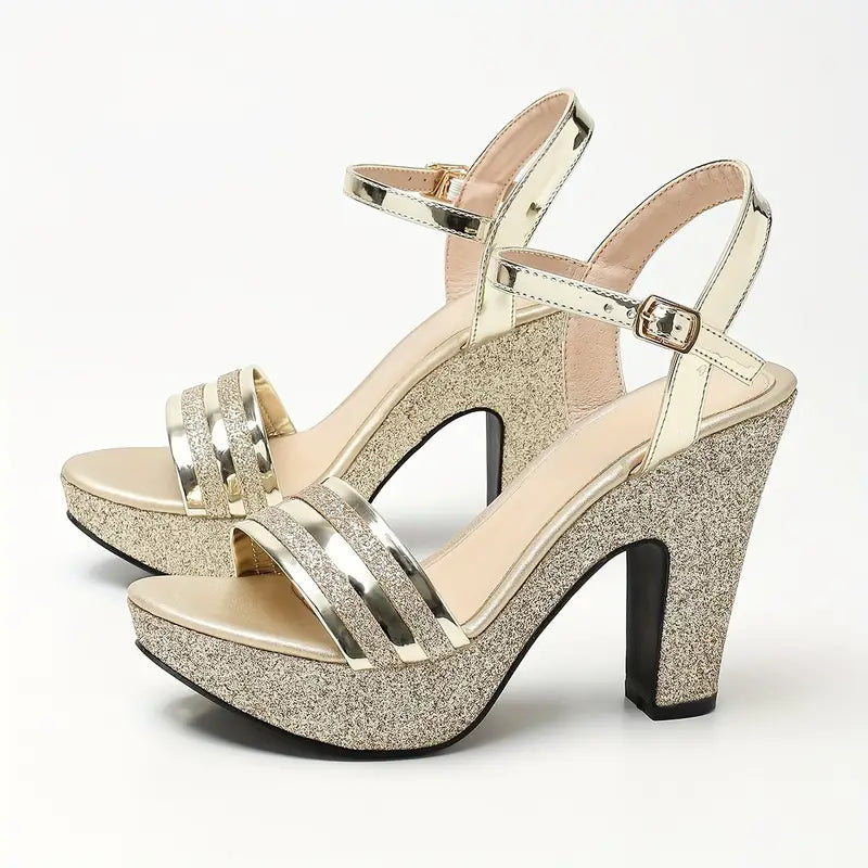 Elegant Women'S Chunky Heeled Sandals in Metallic Color, Featuring a Round Toe And Hollow Design, Perfect for Parties And Weddings., Women Shoes