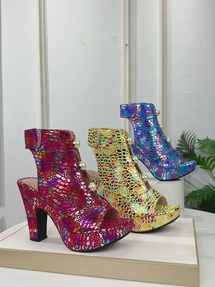 Women's High-Heel Elegant Open-Toe Sandals, High-Cut Printed Buckle Ethnic Style Women's Shoes, Suitable for Weddings, Banquets, Gifts, and Any Outdoor Occasions, Women Shoes