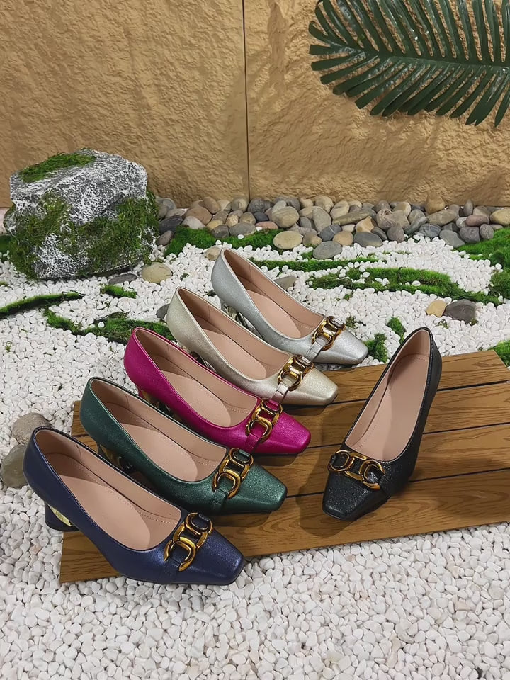 Elegant Women'S Casual Fashion Square-Toed High Heels with Metal Buckles, Comfortable Chunky Heels Suitable for, Leisure, And Professional Parties., Women Shoes