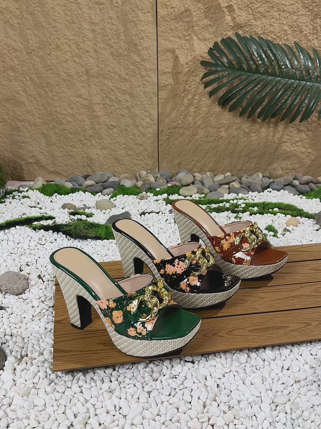 Elegant Women's Summer Slip-On Platform Heeled Sandals, Fashion Print Metal Buckle High Heels for Banquet Evening Dresses, Women Shoes