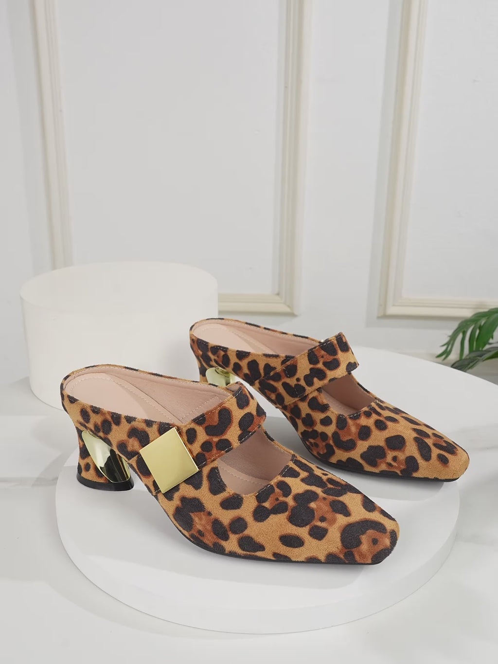 Elegant Women's Small Square-Toe Leopard Print Ankle Strap Chunky Heel Mule High Heel Sandals, Women Shoes