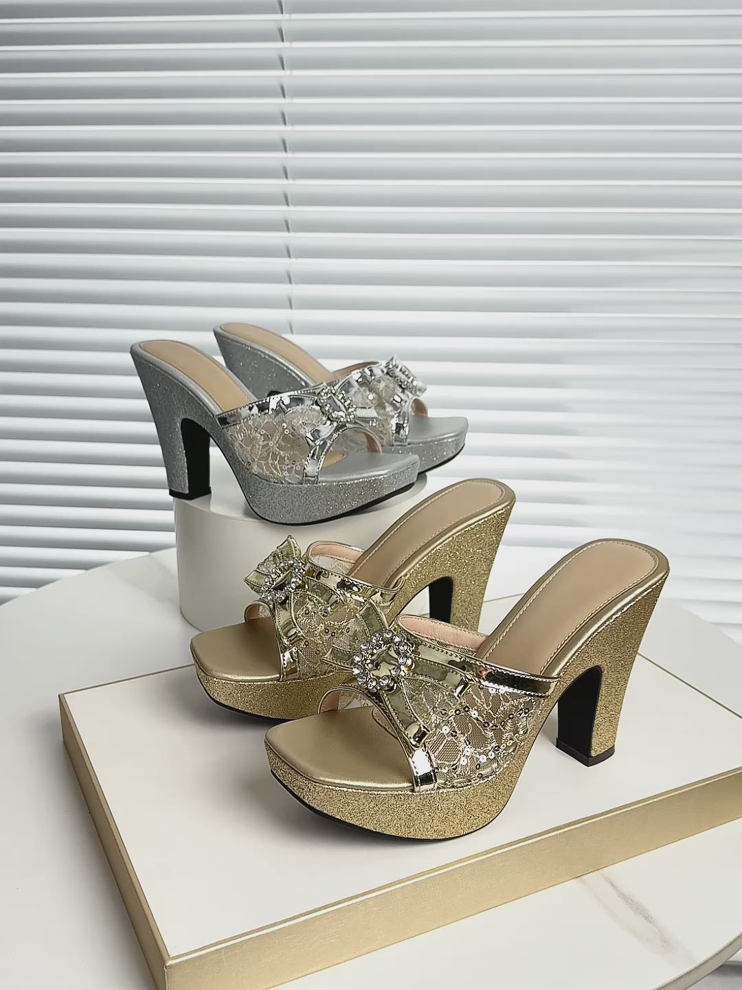 Women's Fashion Bow Lace Square-Toe Slip-On High Heel Platform Slippers, Comfortable and Versatile Style, Suitable for Weddings and Parties, Women Shoes
