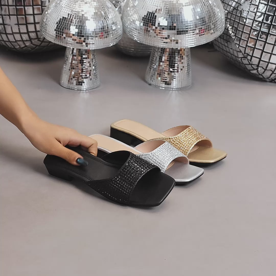 Elegant Women's Square-Toe Sandals with Sparkling Rhinestones, Women Shoes