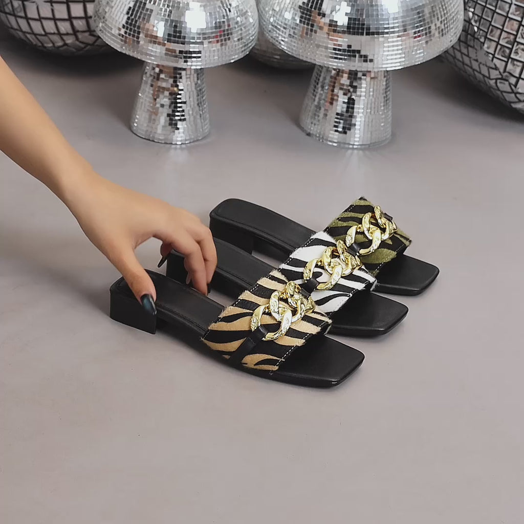 Elegant Women's Zebra Print Sandals with Large Golden Chain Decoration, Women Shoes