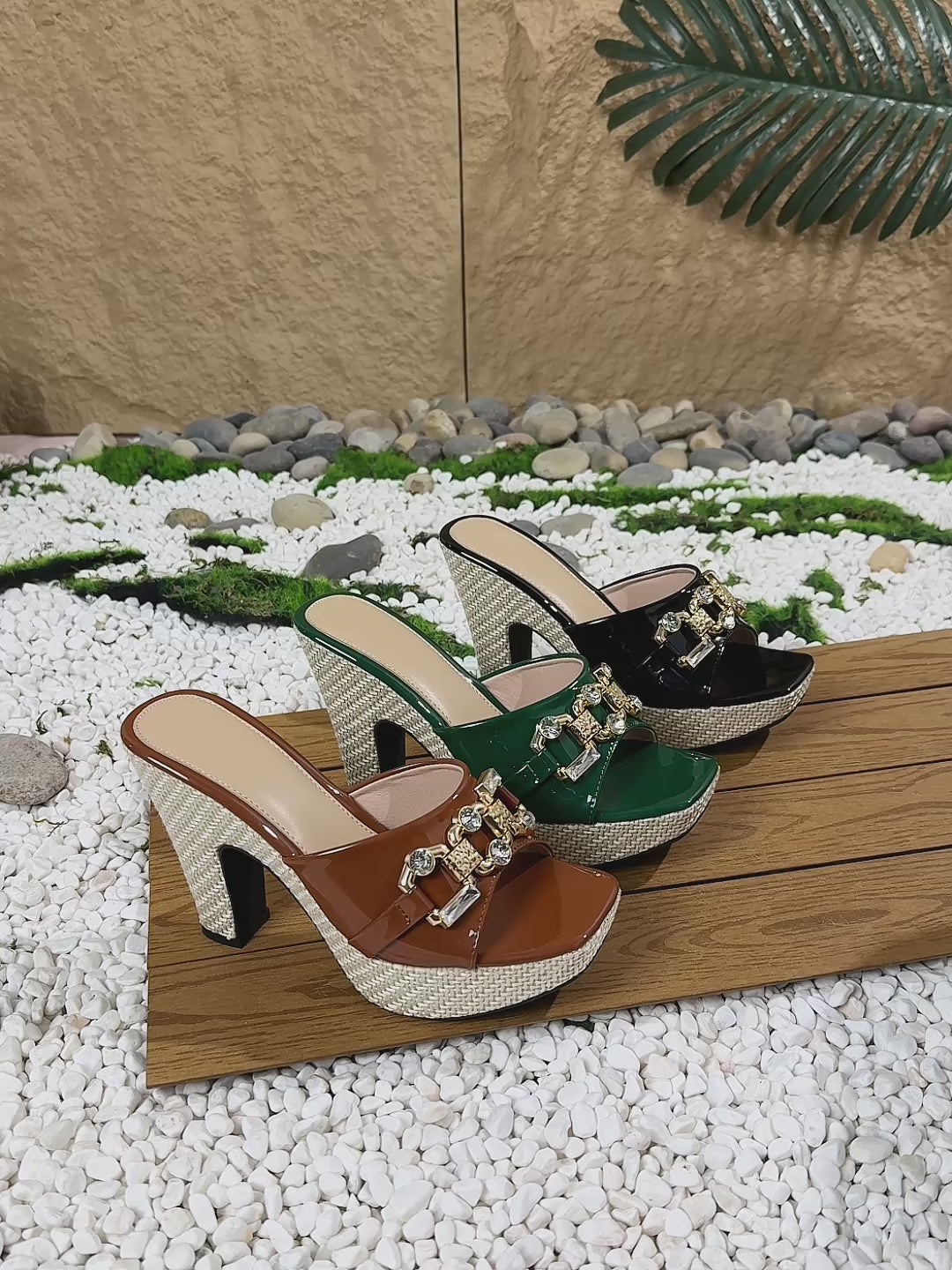 Women's Fashion Solid Color Square Toe High Heel Sandals with Rhinestone Buckle, High Quality Platform Bohemian Style for Versatile Occasions