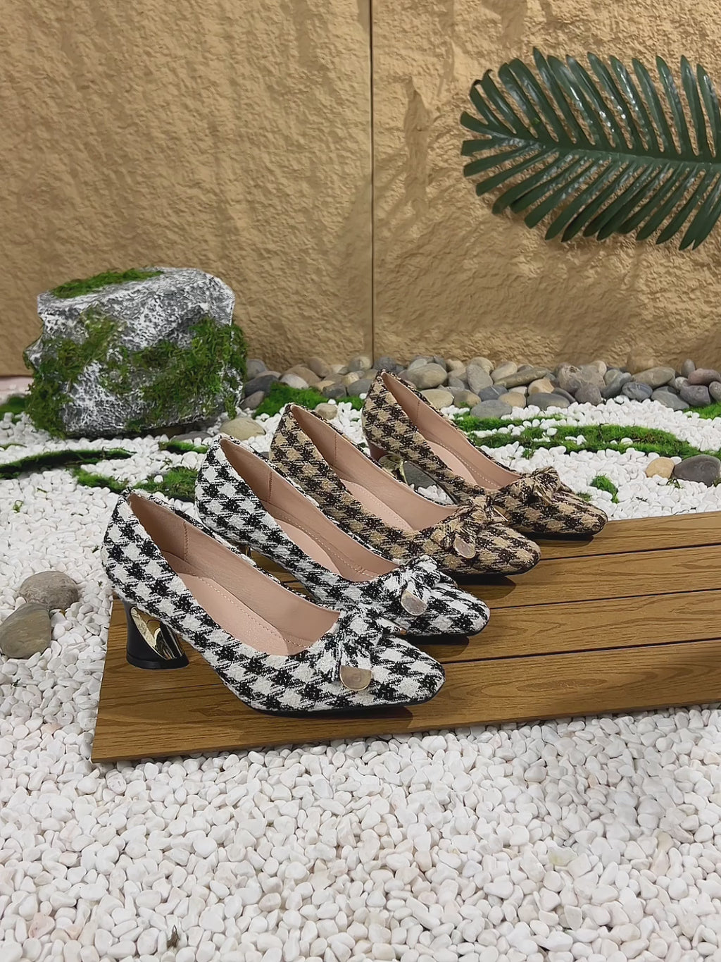Ladies' Casual Vintage Houndstooth Bow-Tie Small Square-Toe High Heels, Comfortable And Versatile., Women Shoes