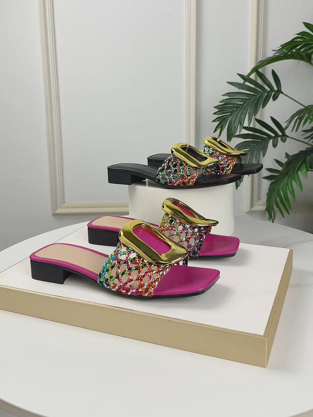 Woven Open-Toe Heeled Sandals with Gold Buckle, Comfortable Slip-On Style
