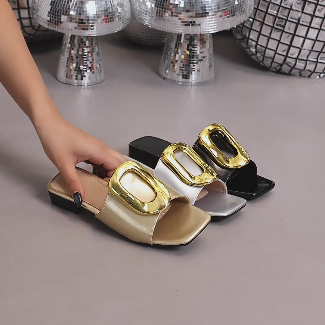 Elegant Women'S Square-Toed Sandals with a Large Golden Buckle, Women Shoes