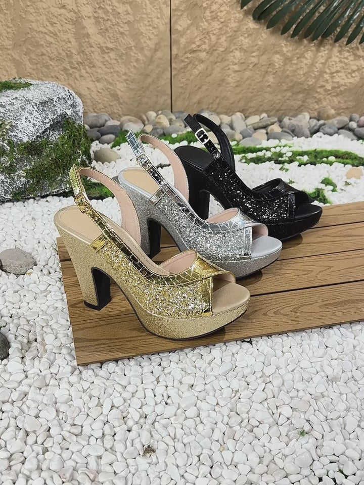 Ladies' Fashionable High-heeled Sandals with Glitter Embossed Upper, Round Toe, Comfortable and Versatile Design, Women Shoes