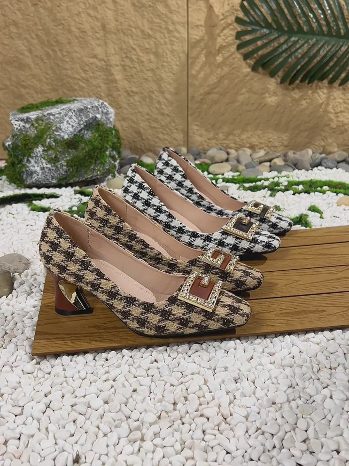 British Retro Small Fragrant Style Thousand Bird Grid Buckle Small Square Head Thick Heel Spring and Autumn Winter Hot Selling Women's Shoes, Women Shoes