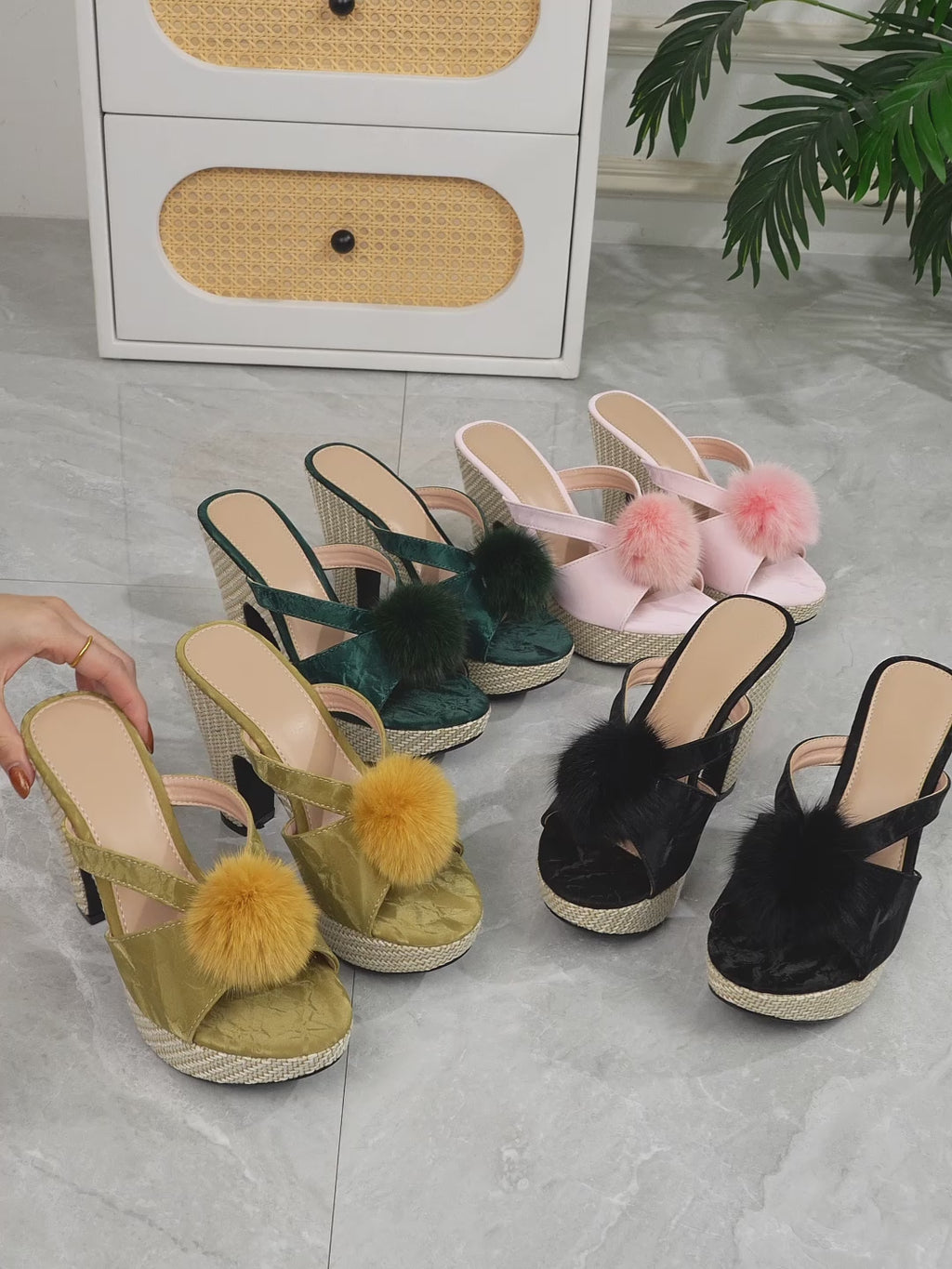 Elegant Women'S Fashionable High-Heeled Sandals with Pom-Poms, Women Shoes