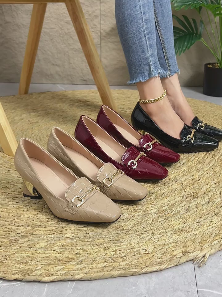 European and American Fashionable Autumn and Winter Patent Embossed Button Women's High Heels, Women Shoes