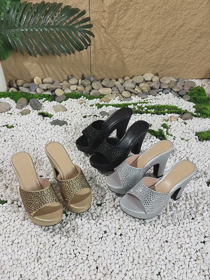 Elegant Women'S Rhinestone Metallic Thick-Soled High-Heeled Sandals, Perfect for Parties And Nightclubs, Stylish And Versatile., Women Shoes