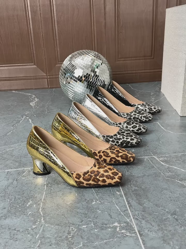 Leopard Print Women Shoes/Color Blocking Embossed Patent/High Heels Square Toe Temperament Versatile