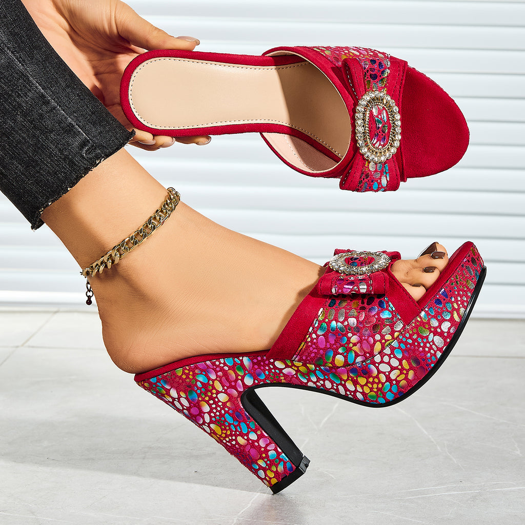 Women'S Stylish Round-Toe Metallic Animal Print Sandals with Bow And Rhinestone Buckle, Perfect for Parties, Women Shoes